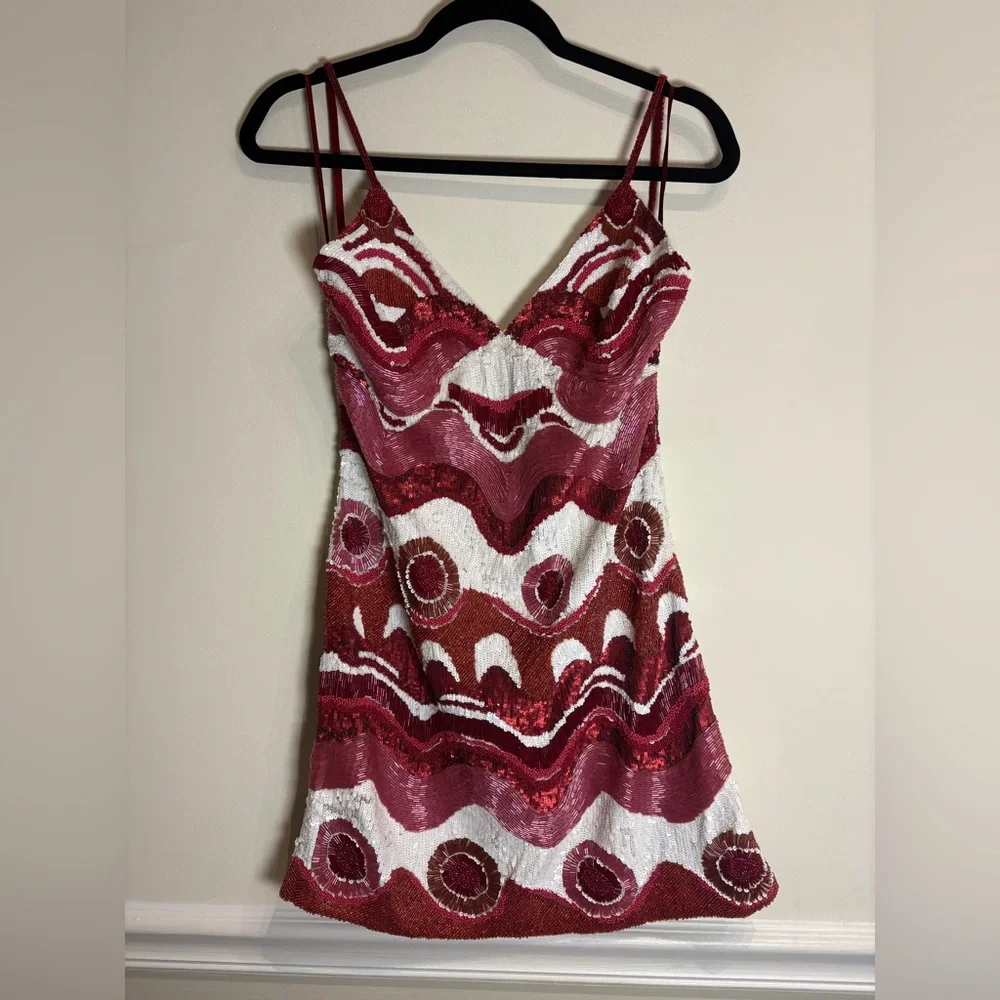 CULT GAIA Sasha Beaded Multi Wave Print Mini Dress Pink Red NWT Small - Picture 6 of 14